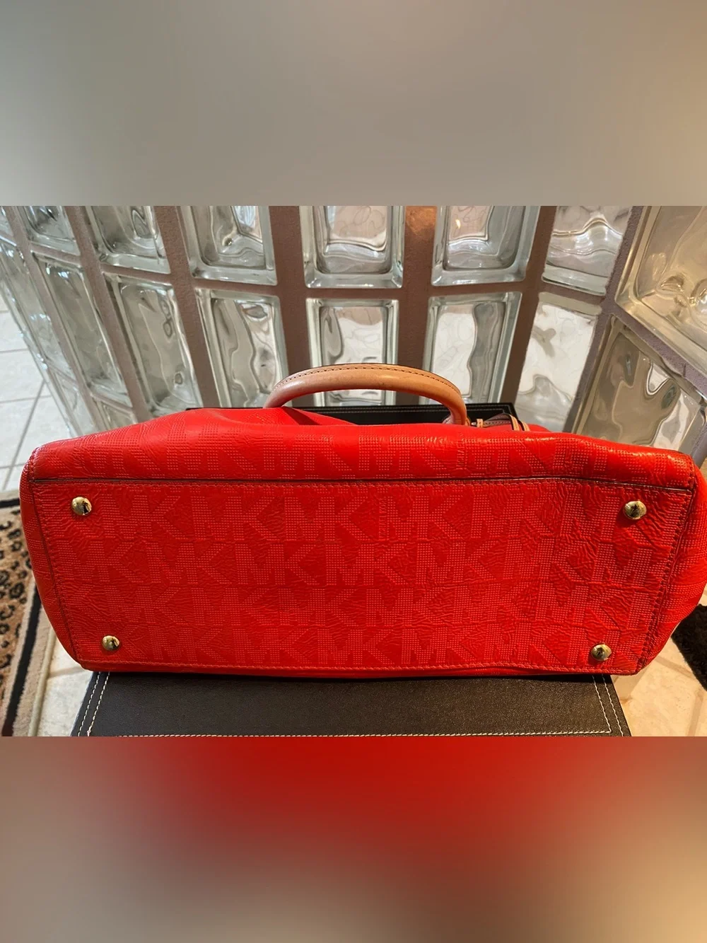 Michael Kors Reddish Orange Leather Crossbody Grayson Satchel. Tan Trim.